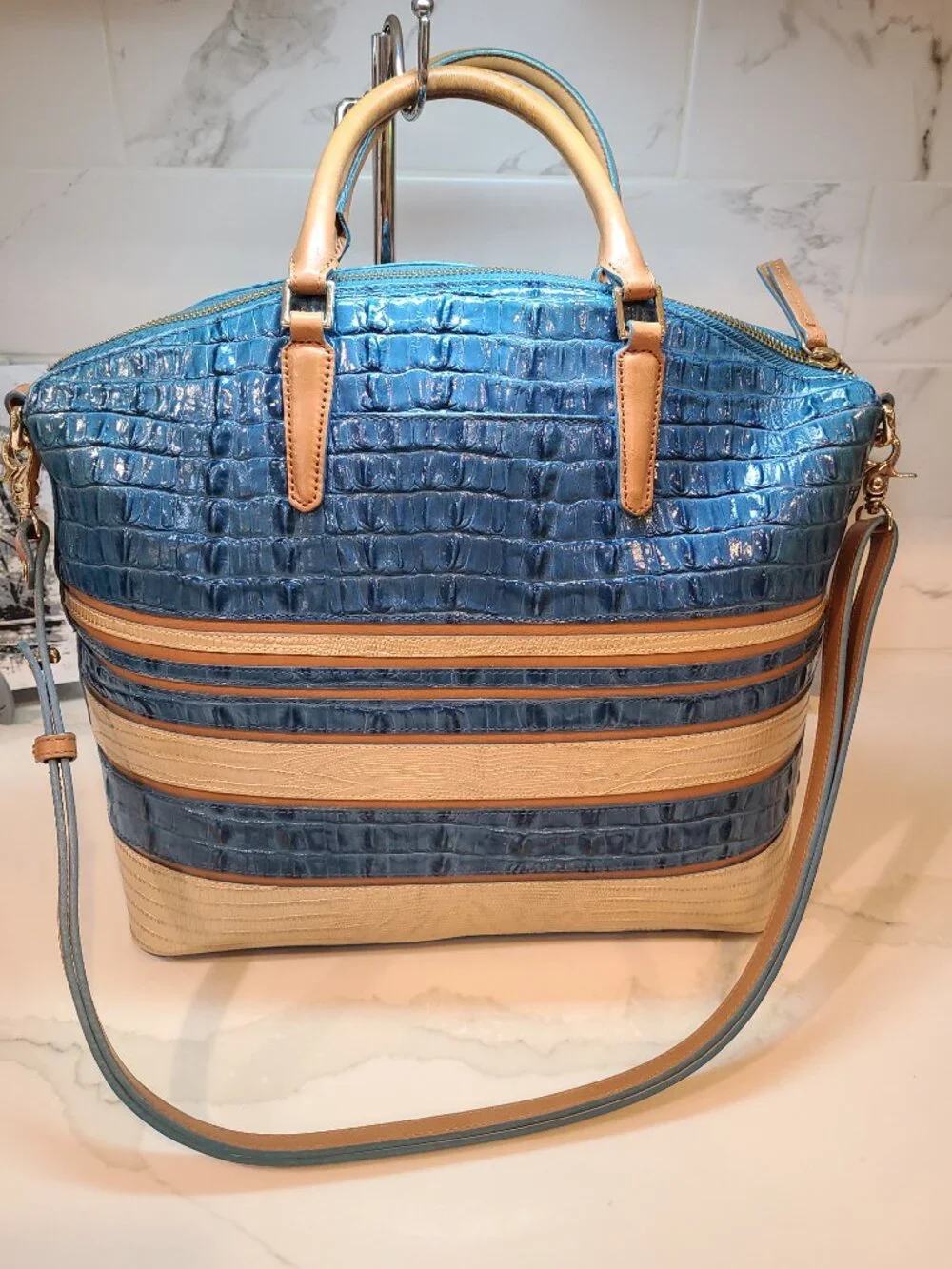 Brahmin Large Duxbury Shoulder Bag in Surf Vineyard Blue & Tan Leather EUC